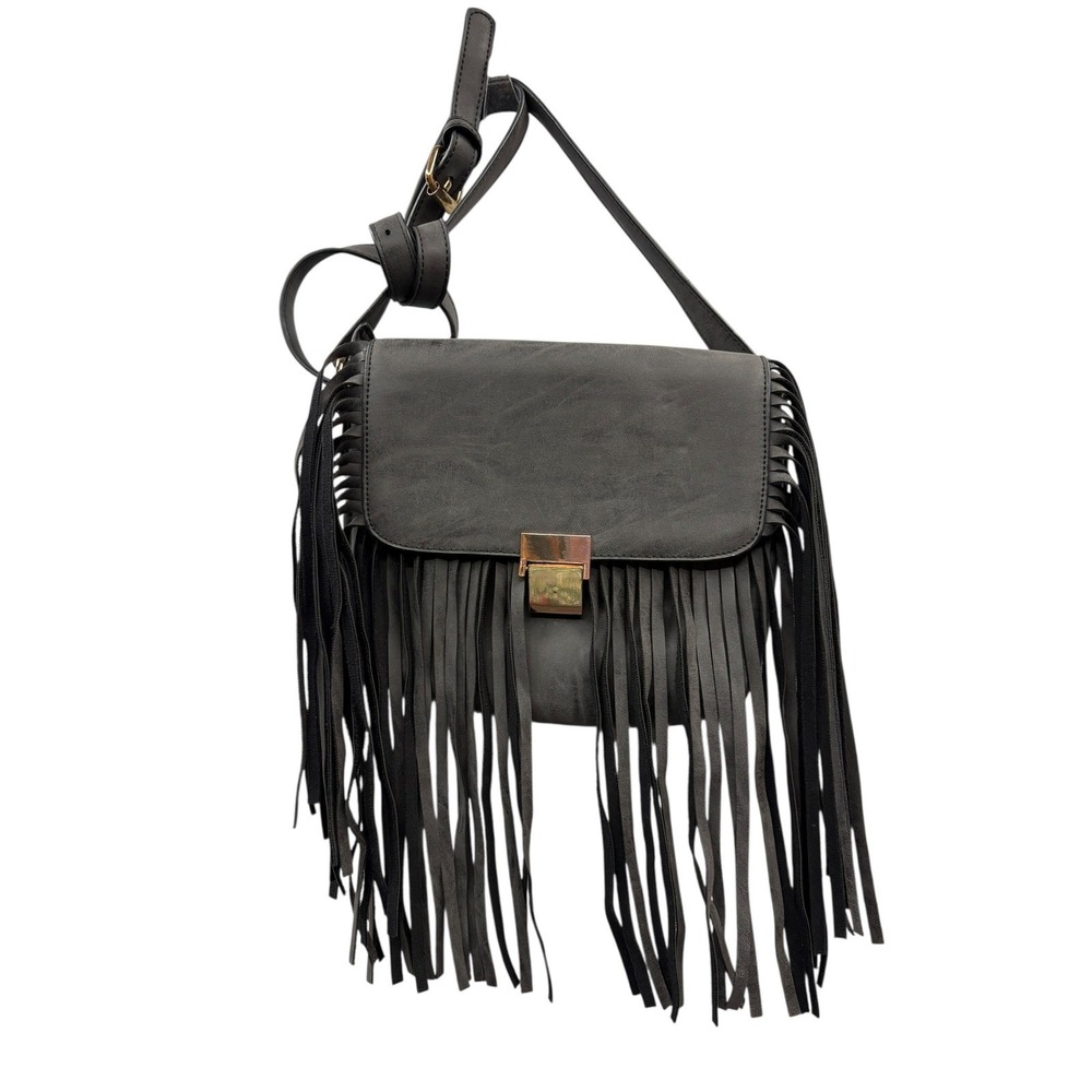 Mellow World Gray Fringe‎ Crossbody Bag Boho Festival Western Faux Leather Purse